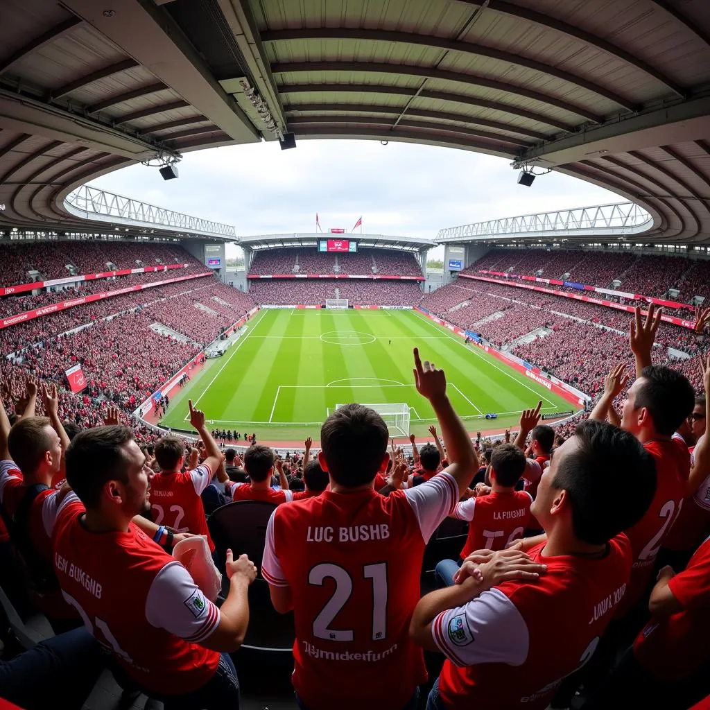 Fans im Leverkusen Stadion mit Trikots der Nummer 21