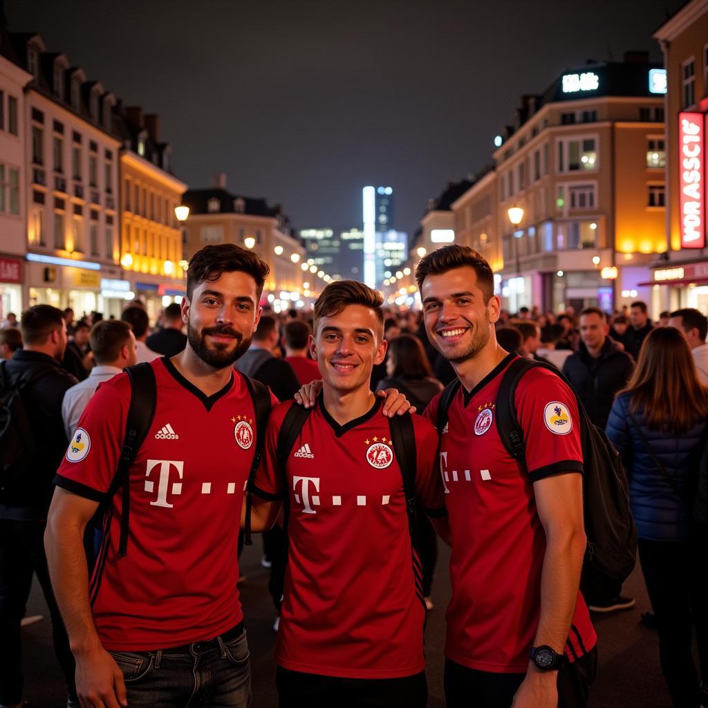 Gruppe von Bayer 04 Leverkusen Fans feiert in der Stadt