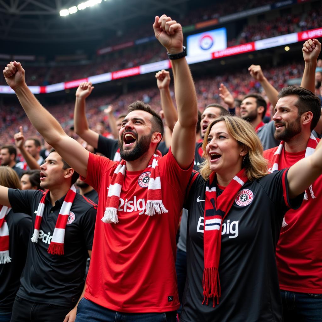 Leverkusen Fans im Stadion mit Trikots und Schals