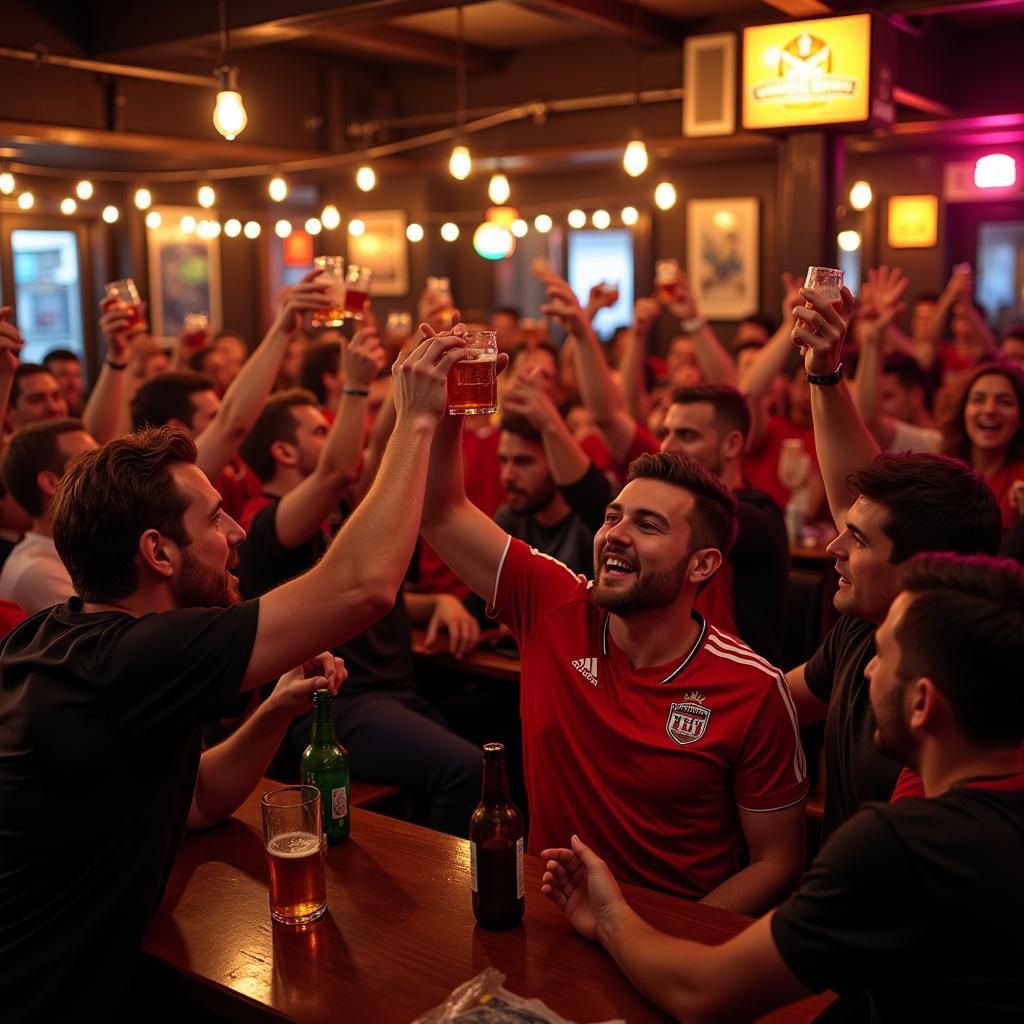 Fans von Leverkusen Western feiern in einer Kneipe