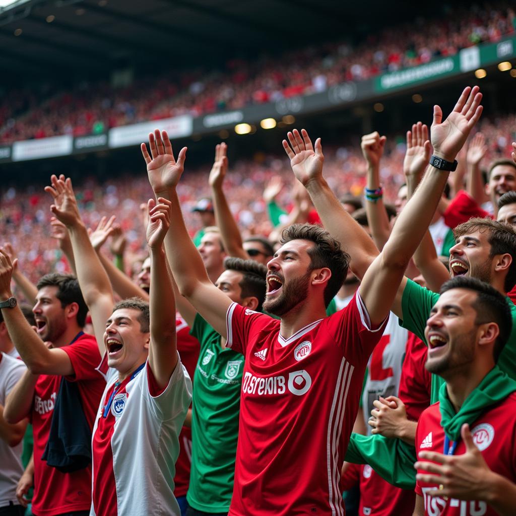 Jubelnde Fans von Leverkusen und Wolfsburg