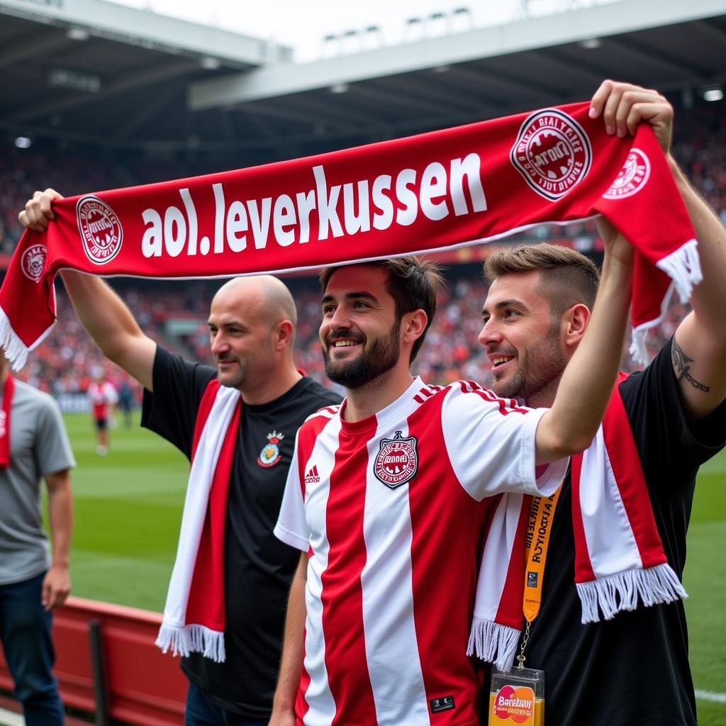 Bayer Leverkusen fans with aol.leverkusen scarf