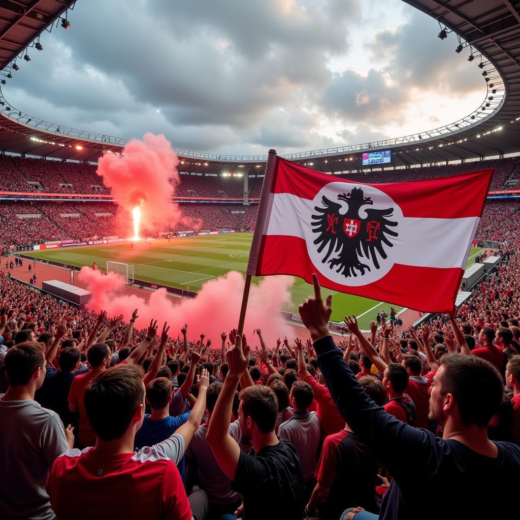 Leverkusen-Fans feiern mit einer Bartmann-Fahne