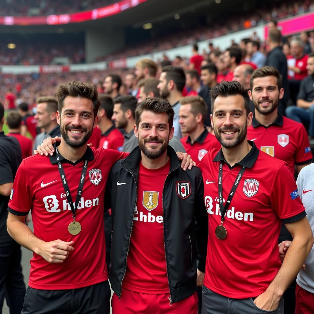 Fans tragen stolz ihre Bayer 04 Leverkusen Masken im Stadion