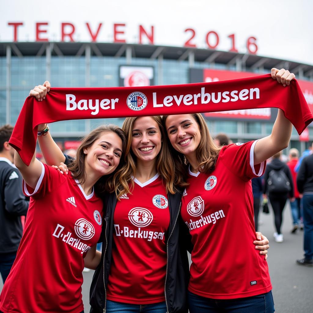 Fans von Bayer Leverkusen zeigen stolz ihre Farben vor dem Spiel.