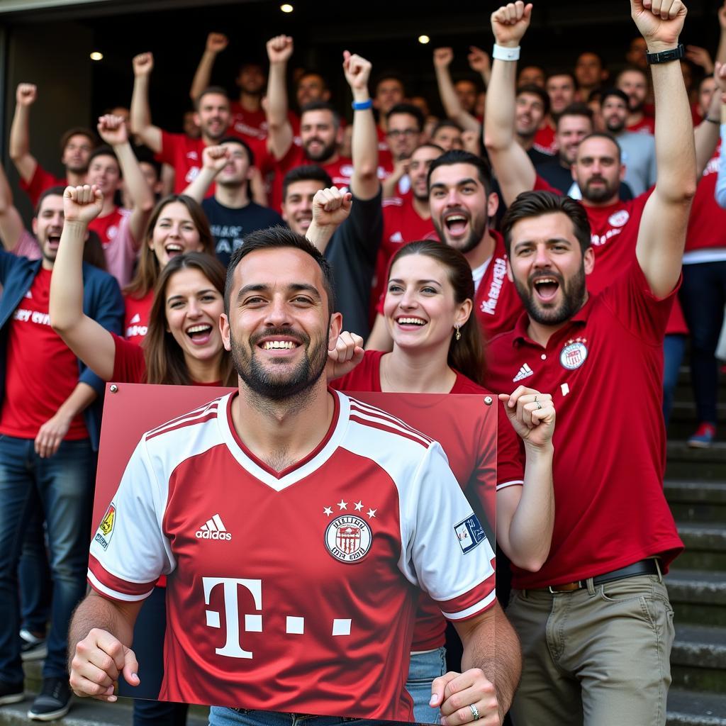 Fans mit Mannschaftsfoto Bayer Leverkusen