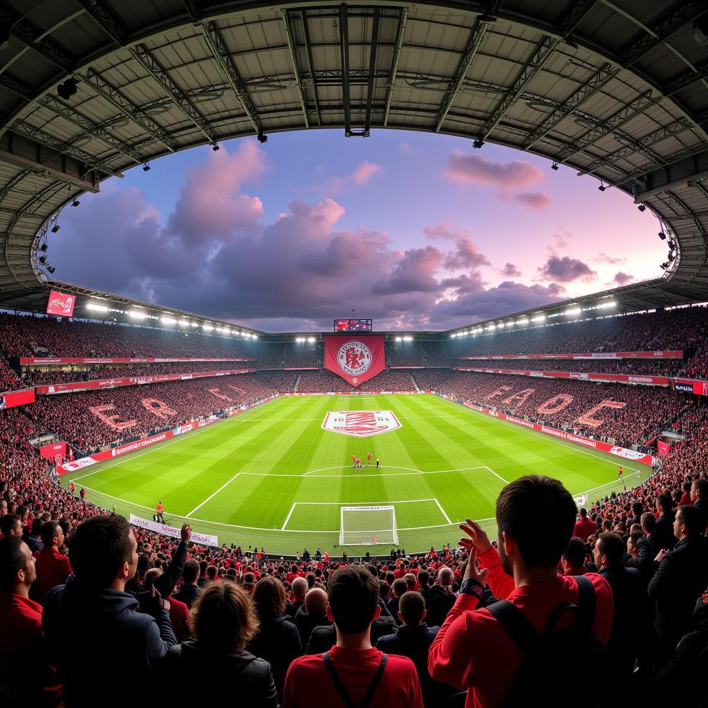 Fans feiern mit einer Palme Leverkusen Fahne