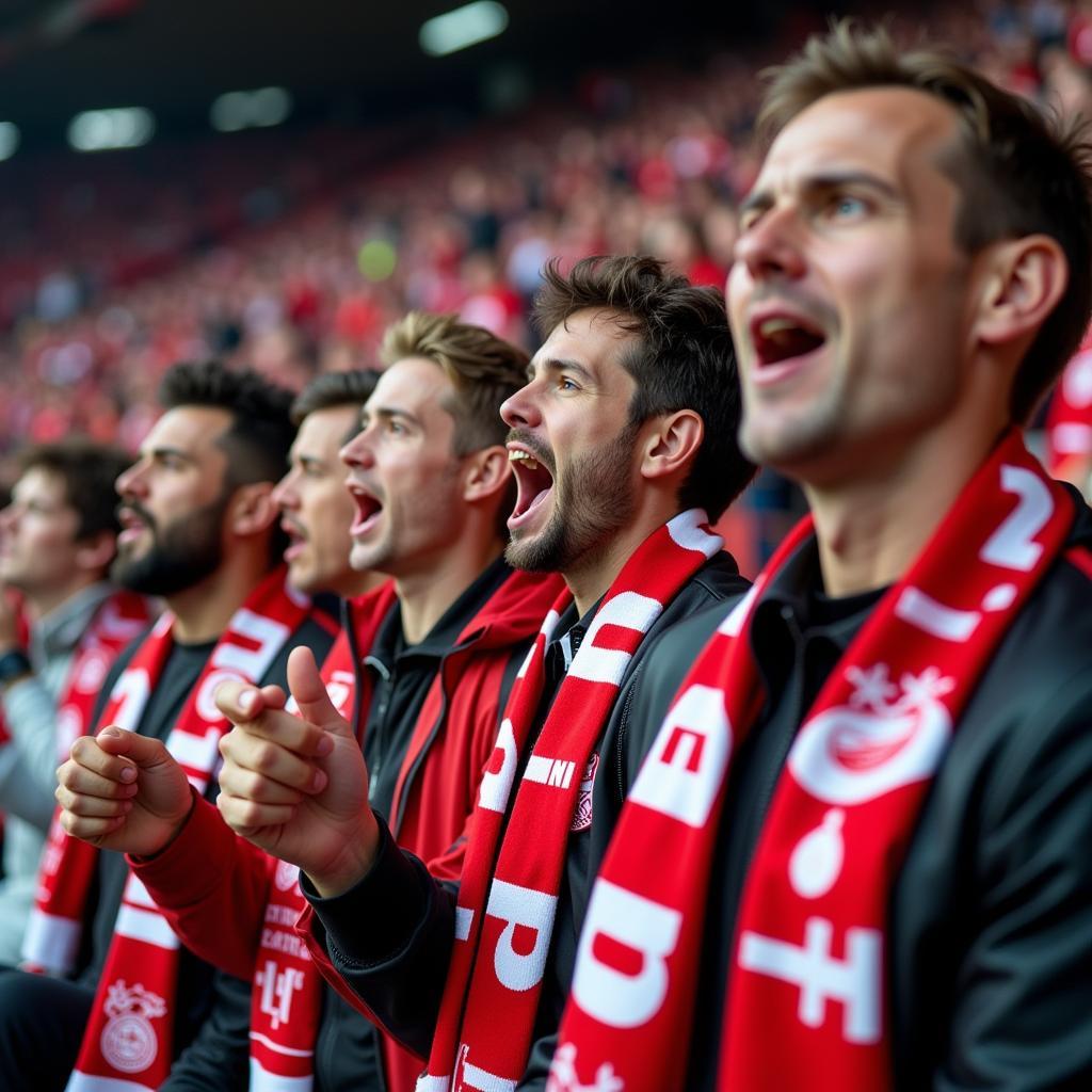 Fans von Bayer Leverkusen jubeln mit Vereinsschals in der BayArena