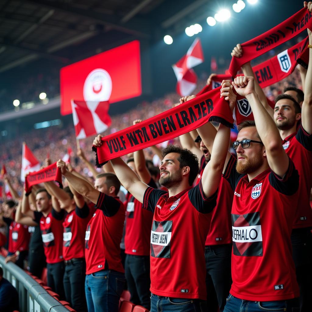 Fans mit Schals und Fahnen auf der Tribüne