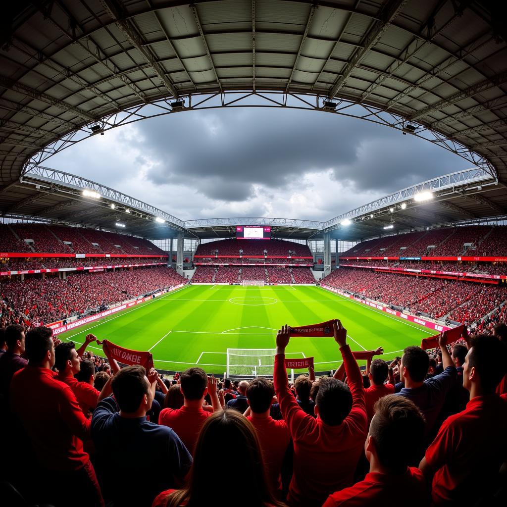 Fans mit Schals und Fahnen in der BayArena