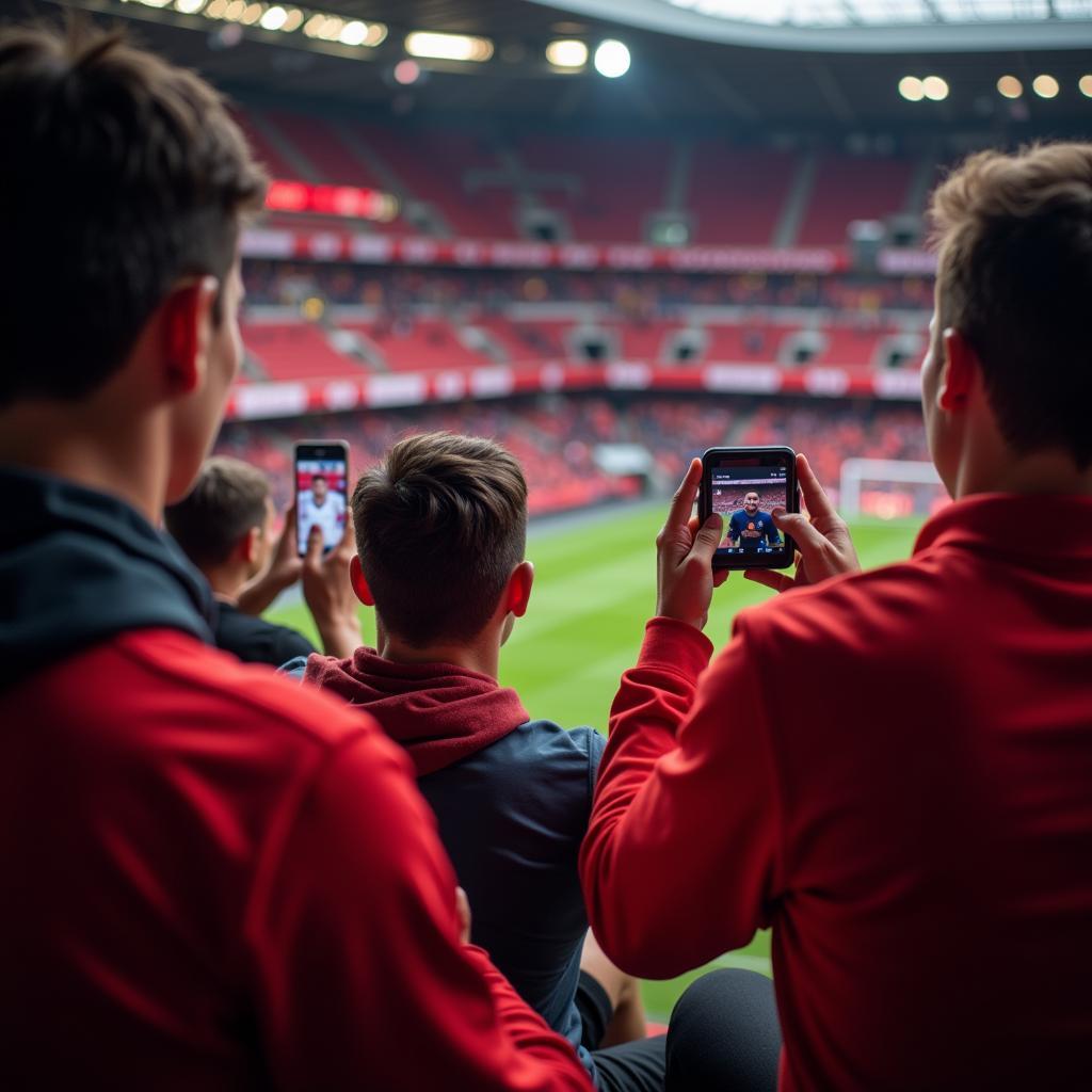 Fans verfolgen ein Bayer Leverkusen Spiel live auf ihren Smartphones über Facebook Live