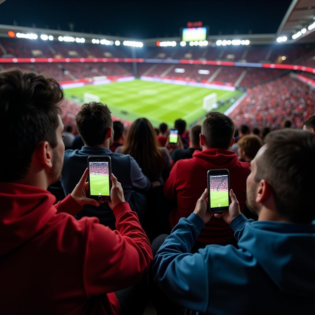 Fans verfolgen das Spiel Bayer Leverkusen gegen Bayern München im Live-Stream auf dem Handy