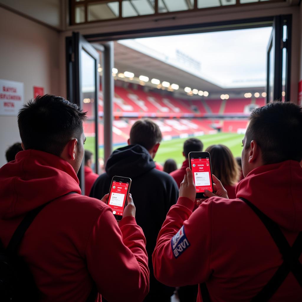 Fans im Stadion mit Smartphones und Online-Tickets