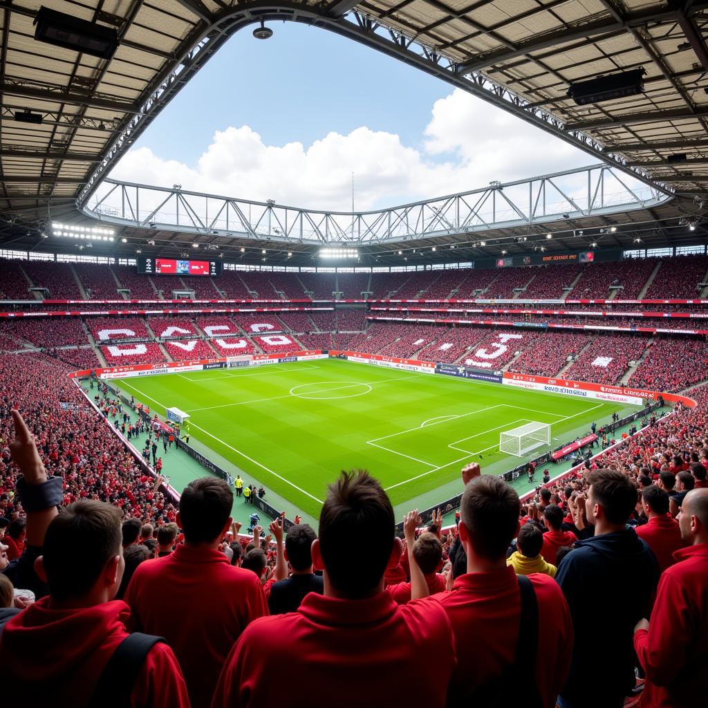 Fans von Bayer Leverkusen feuern ihr Team im Stadion an