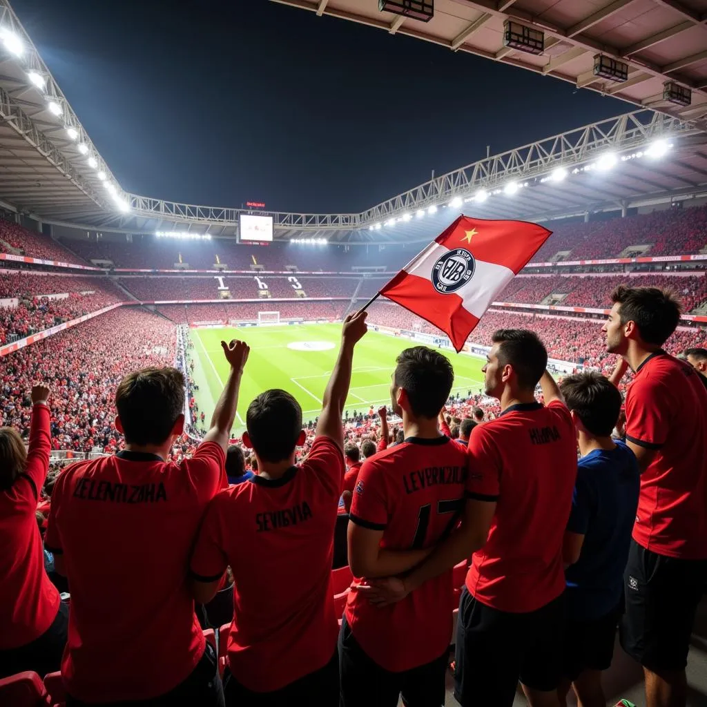 Fans in Bayer Leverkusen Trikots feiern im Stadion