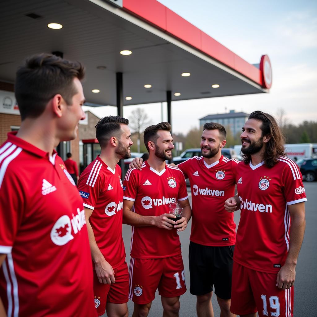 Fußballfans treffen sich vor dem Spiel bei Aral Rheindorf