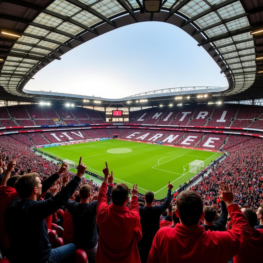 Fans von Union Berlin und Bayer Leverkusen im Stadion