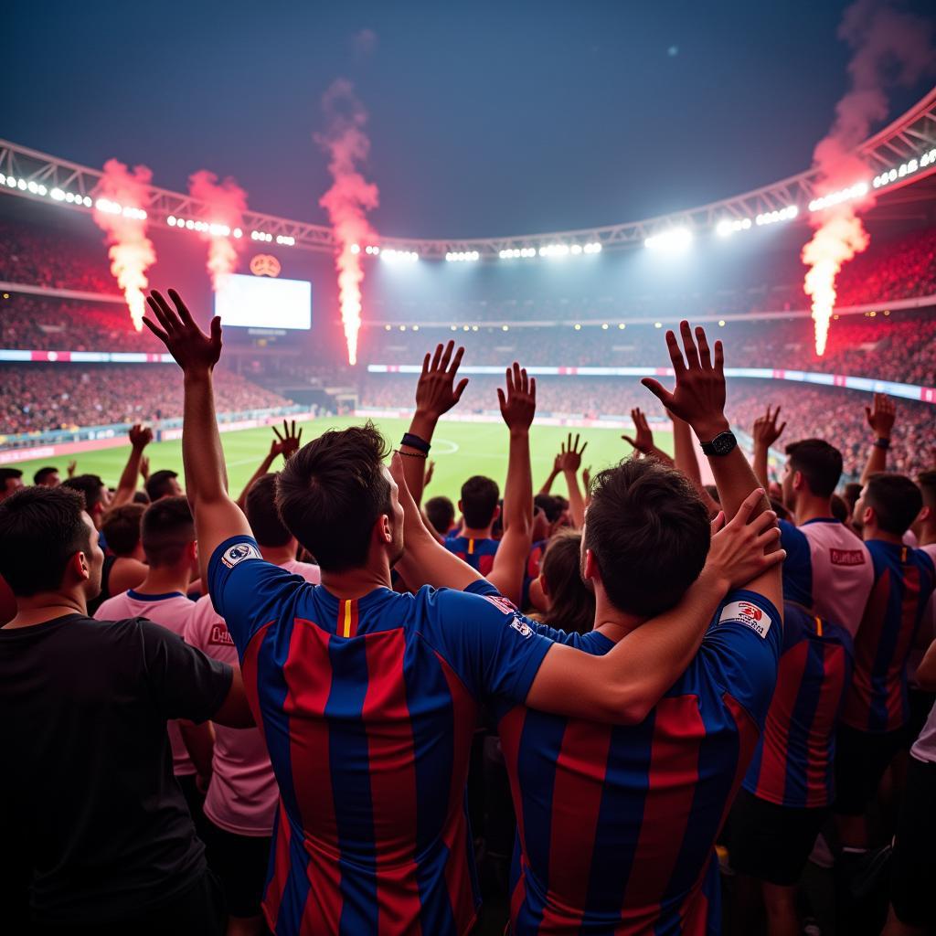 Fans von Barcelona und Leverkusen feiern im Stadion