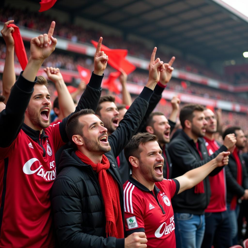 Fans von Bayer 04 Leverkusen feiern im Stadion