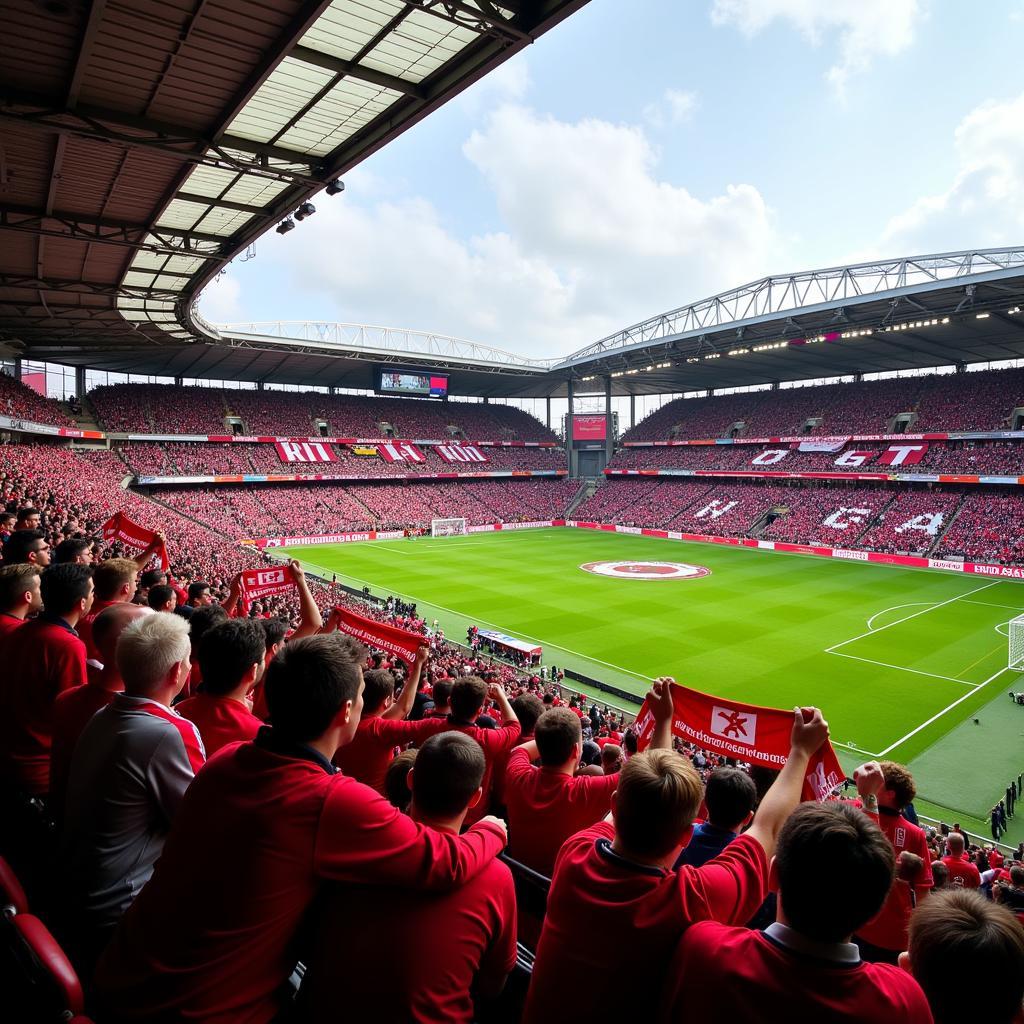 Fans von Bayer 04 Leverkusen zeigen ihre Unterstützung auf der Tribüne