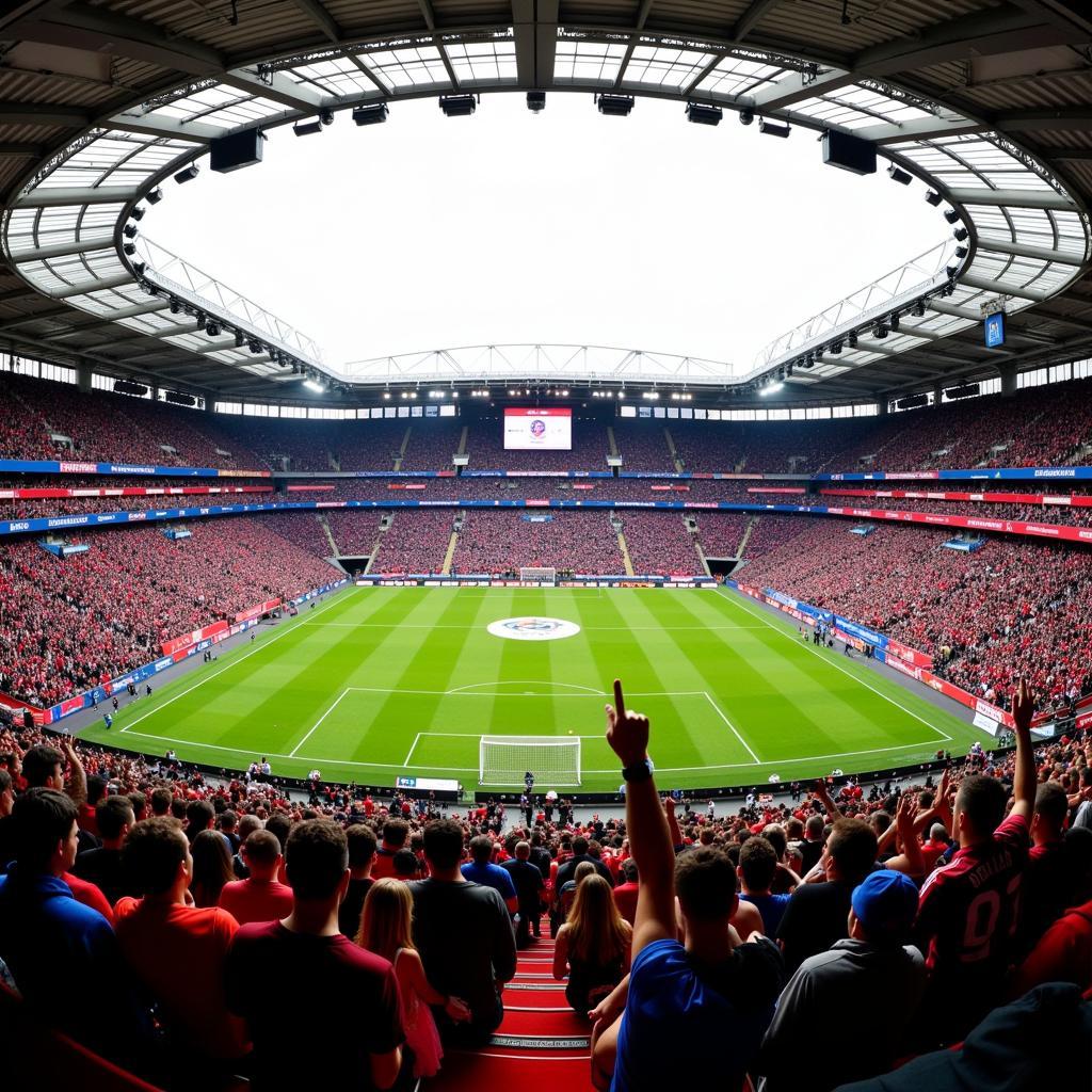 Fans von Bayer 04 Leverkusen und Glasgow Rangers feiern im Stadion