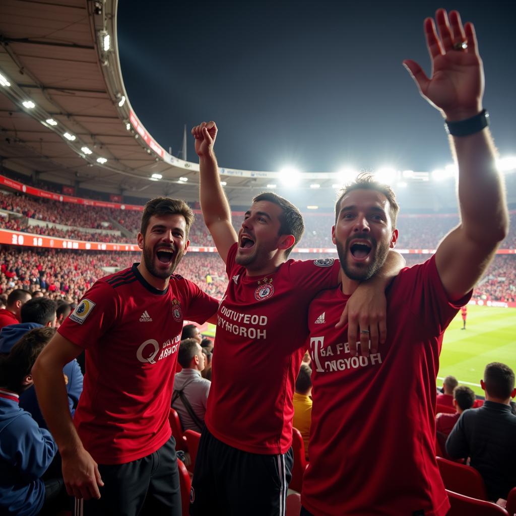 Fans von Bayer Leverkusen feiern im Stadion