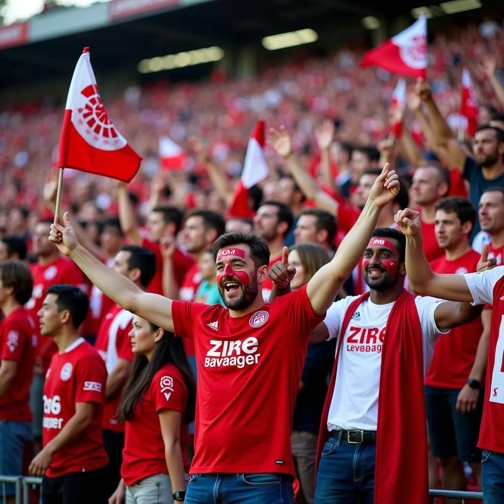 Fans von Bayer 04 Leverkusen feiern in der Kurve