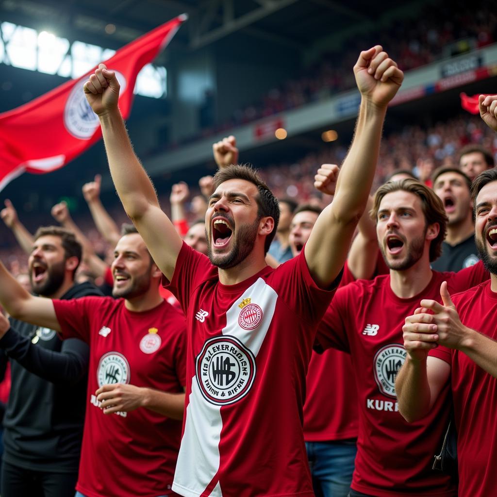 Jubelnde Fans von Bayer Leverkusen im Stadion