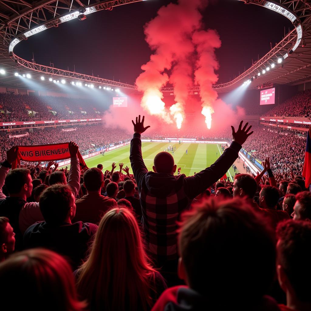 Fans von Bayer Leverkusen feiern einen Sieg