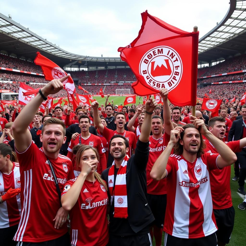 Fans von Bayer Leverkusen feiern eine erfolgreiche Auslosung