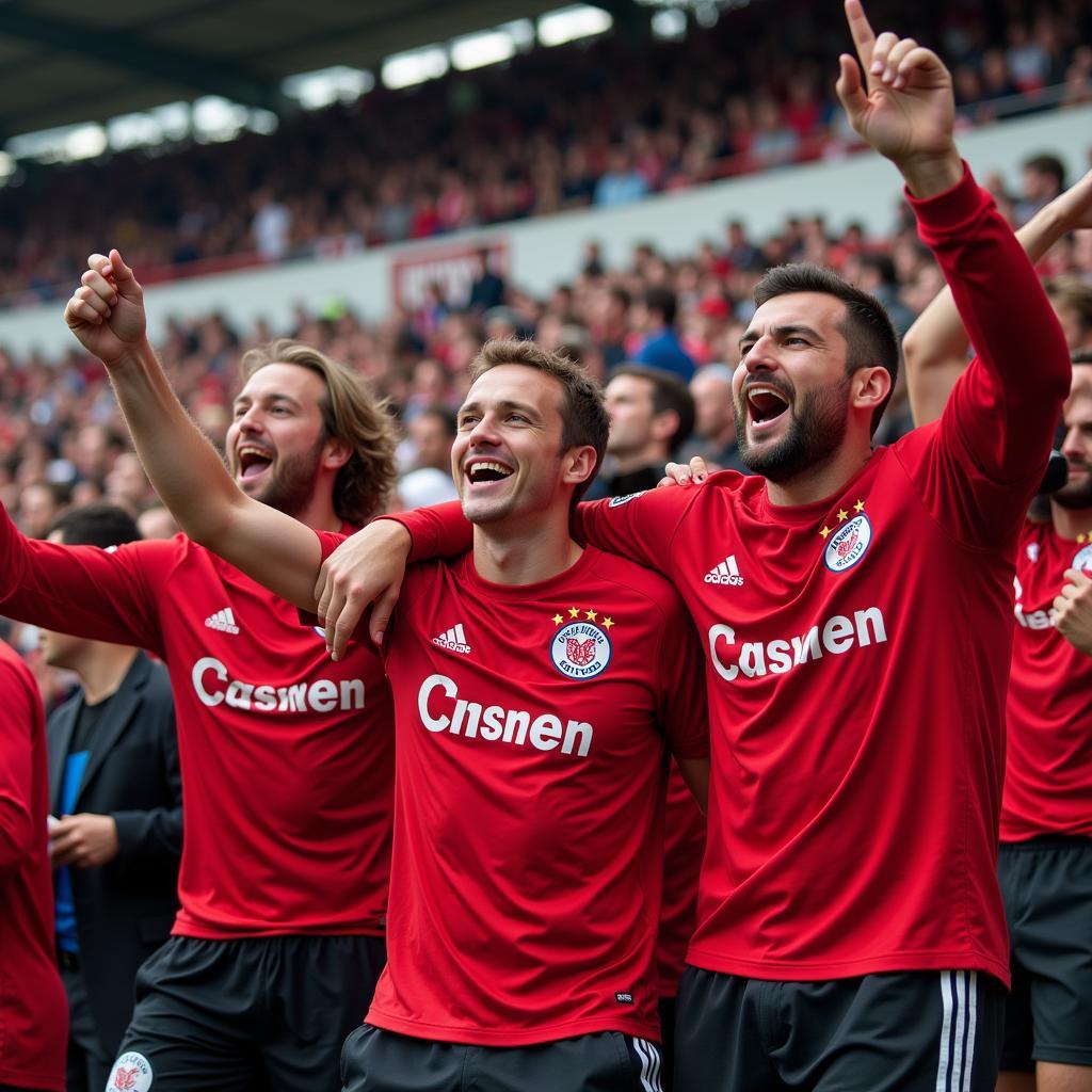 Fans von Bayer Leverkusen feiern im neuen Ausweichtrikot im Stadion