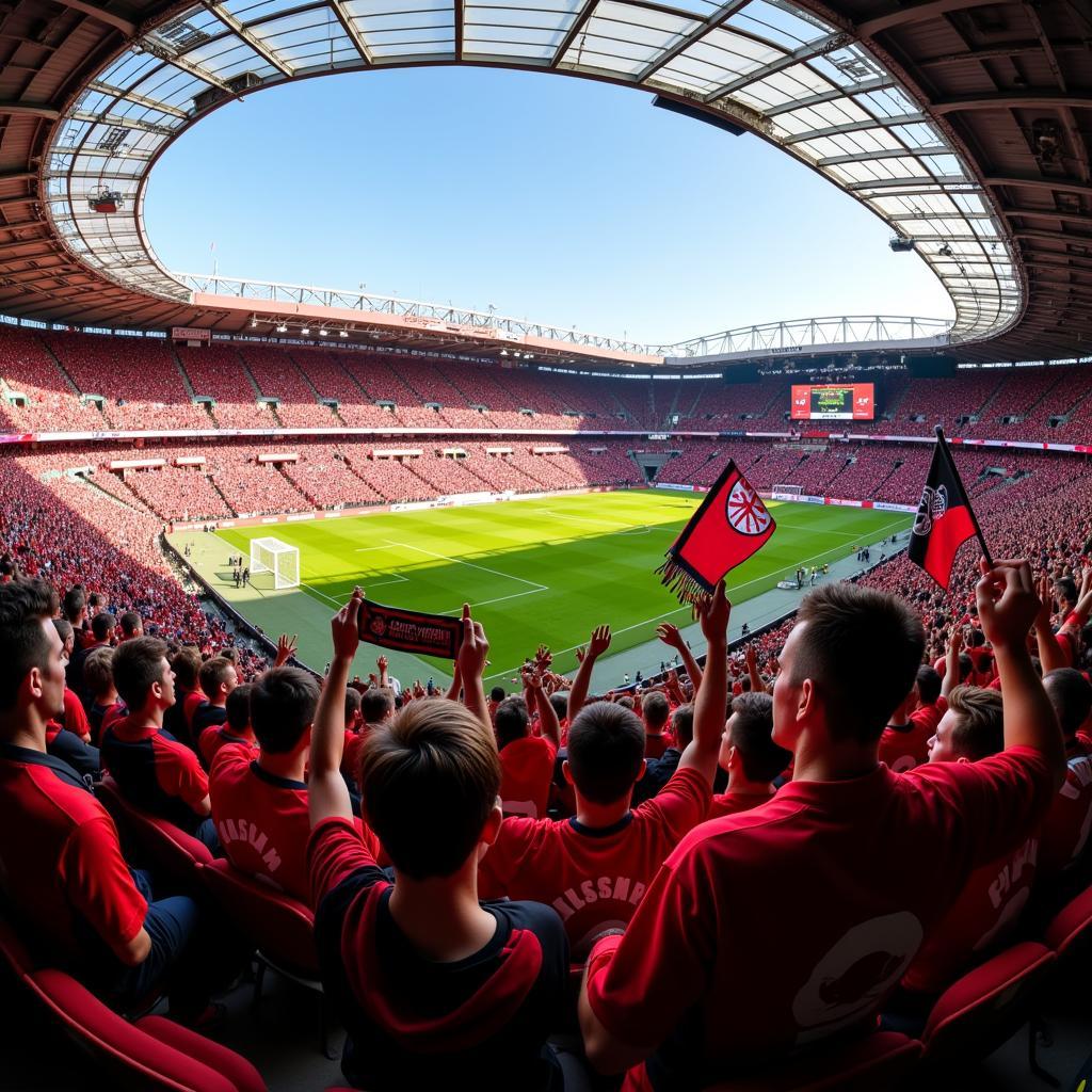 Fans von Bayer Leverkusen feiern im Stadion