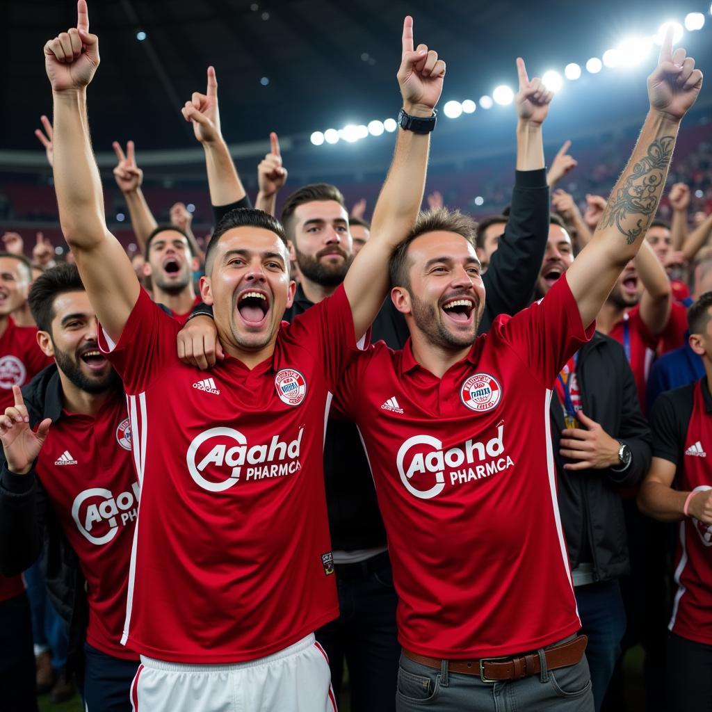 Fans von Bayer Leverkusen feiern im Stadion