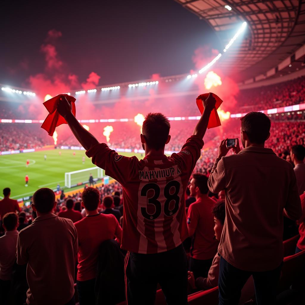 Fans von Bayer Leverkusen feiern im Stadion