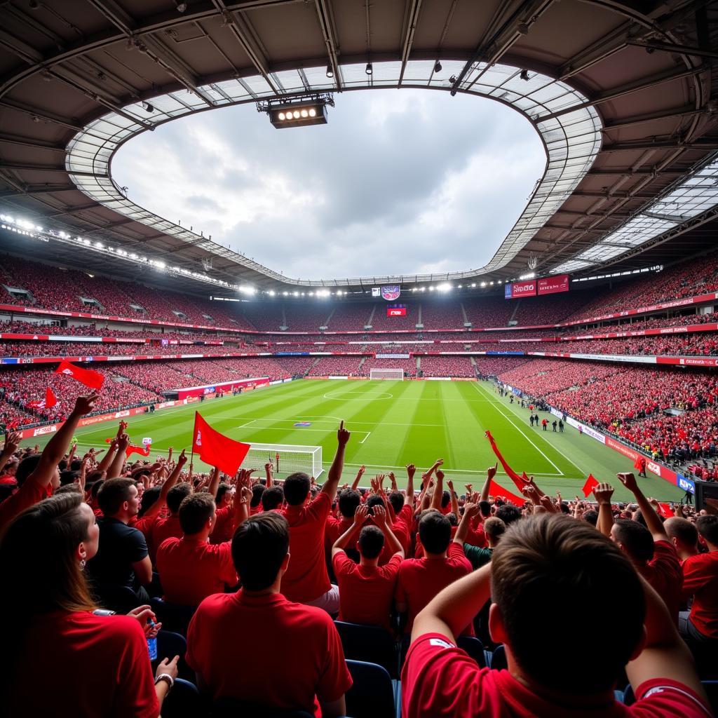 Fans von Bayer Leverkusen feiern im Stadion während eines Conference League Spiels