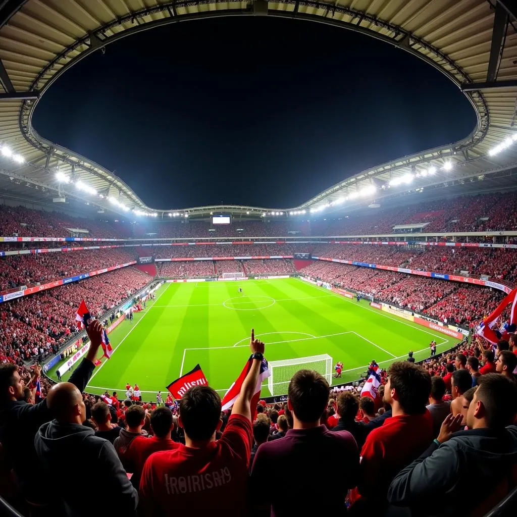 Fans von Bayer Leverkusen feiern während eines Europa League Spiels in der BayArena.