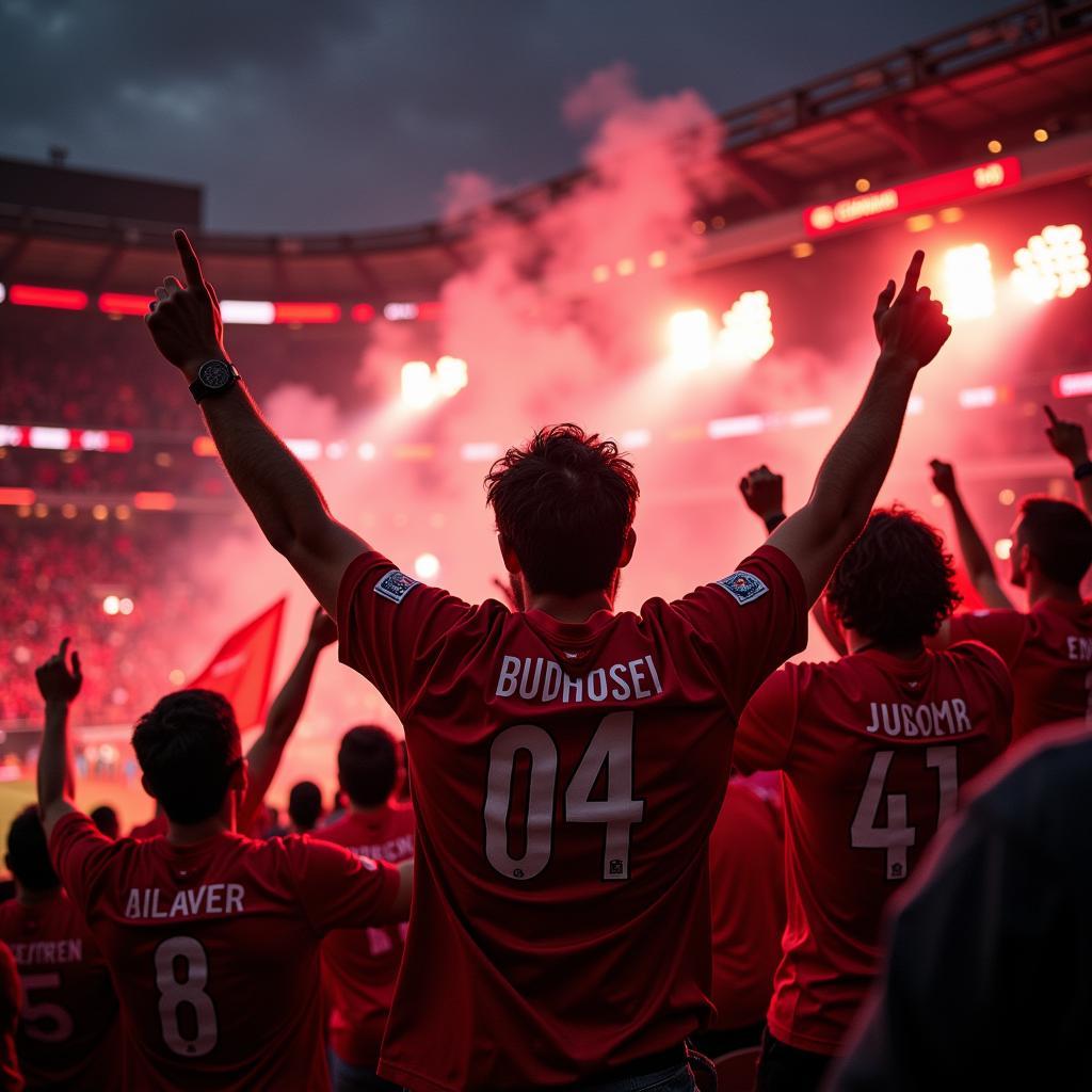 Fans von Bayer 04 Leverkusen feiern in der BayArena einen wichtigen Sieg.