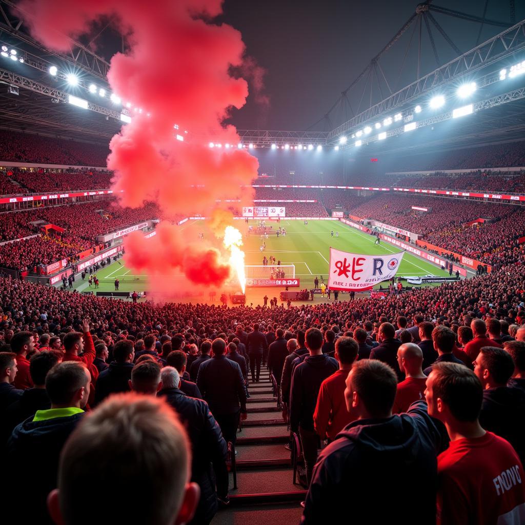 Fans von Bayer Leverkusen und Eintracht Frankfurt im Stadion