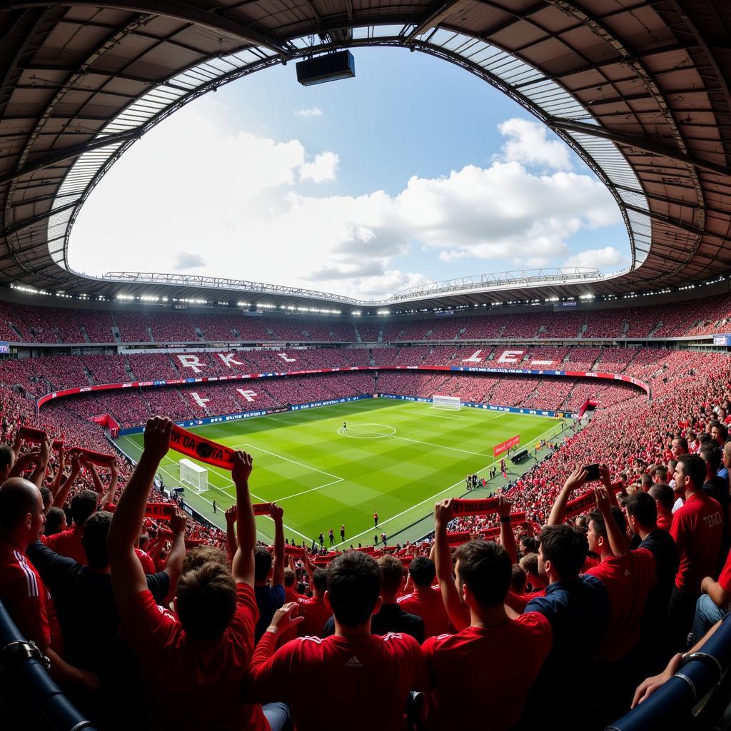 Fans von Bayer Leverkusen feiern im Stadion