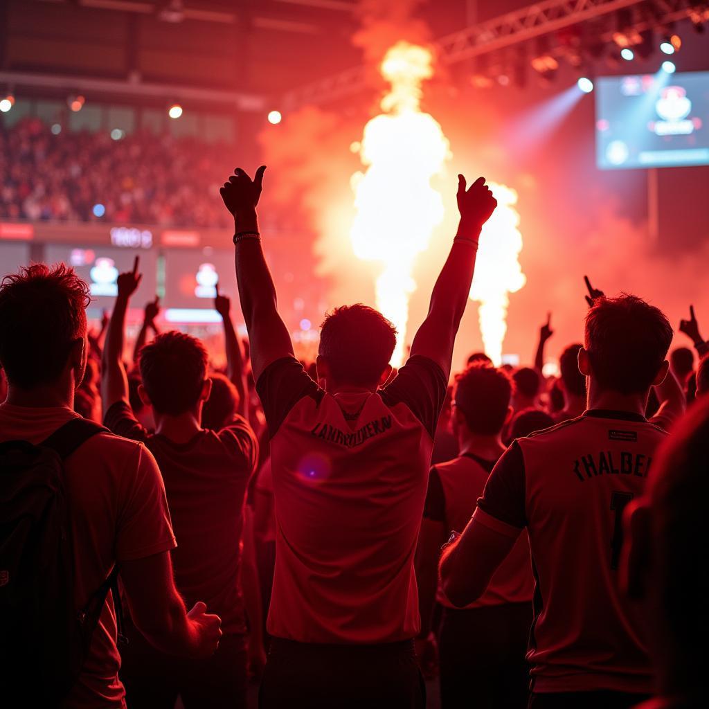 Fans von Bayer Leverkusen feiern ein Tor