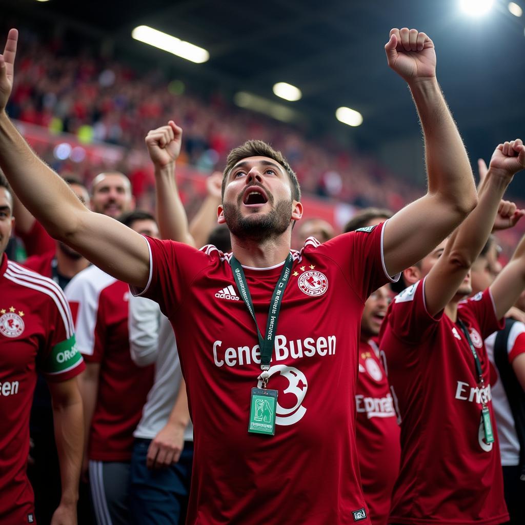 Fans von Bayer Leverkusen feiern ein Tor im Stadion