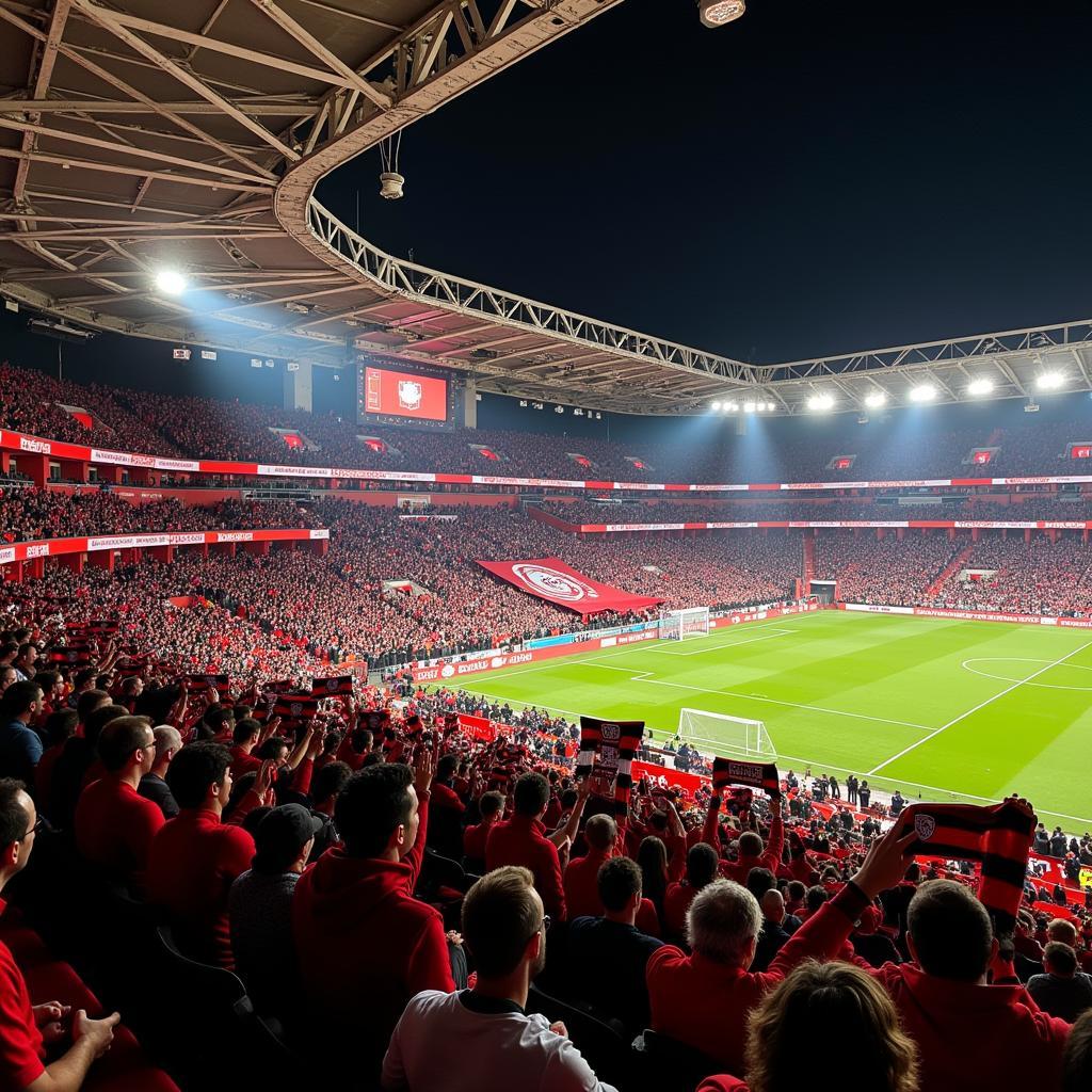 Euphorische Fans von Bayer 04 Leverkusen mit Vereinsschals