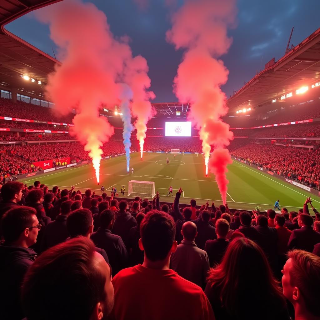 Die Fans von Bayer Leverkusen und Atlético Madrid feuern ihre Mannschaften an