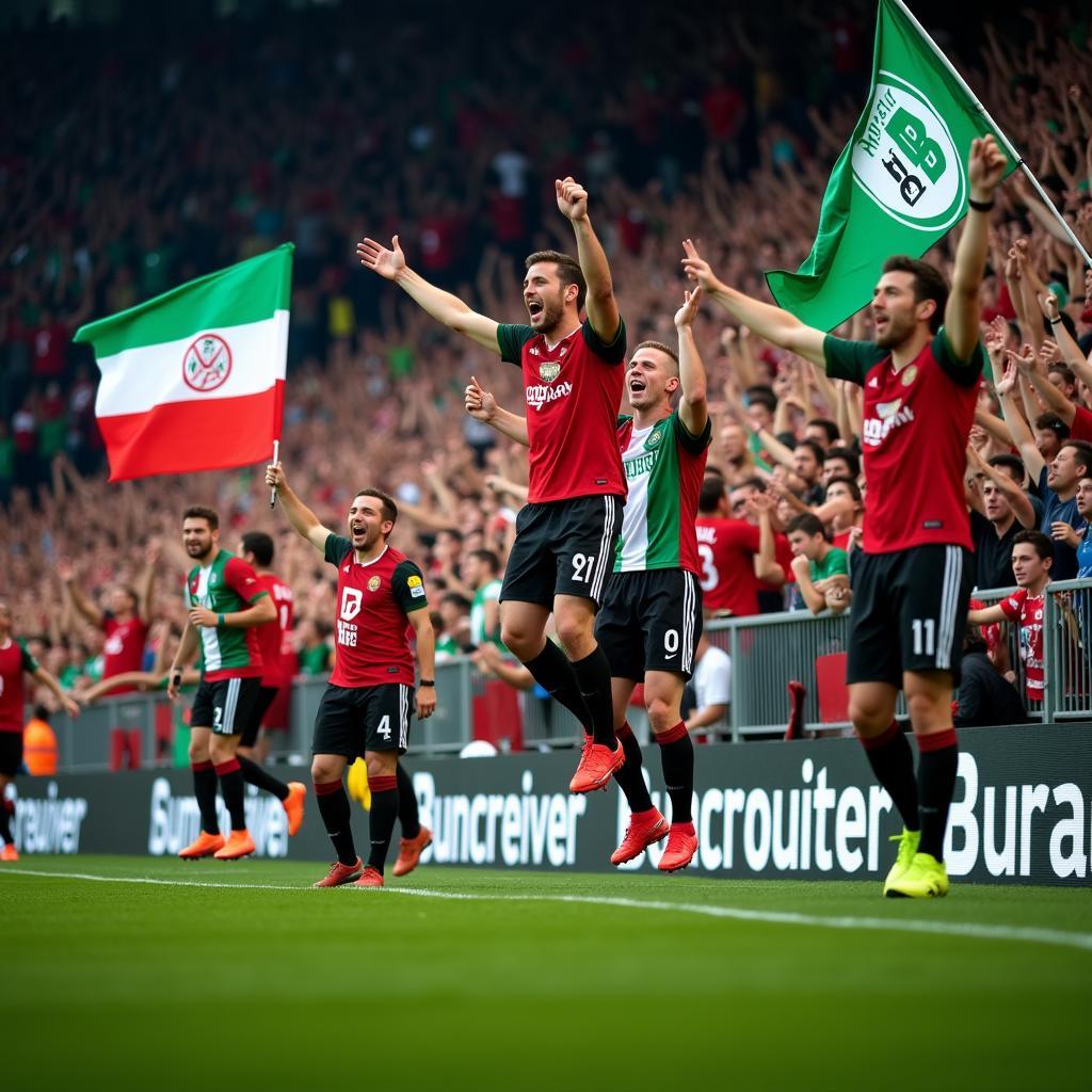 Fans von Leverkusen und Bremen feiern im Stadion