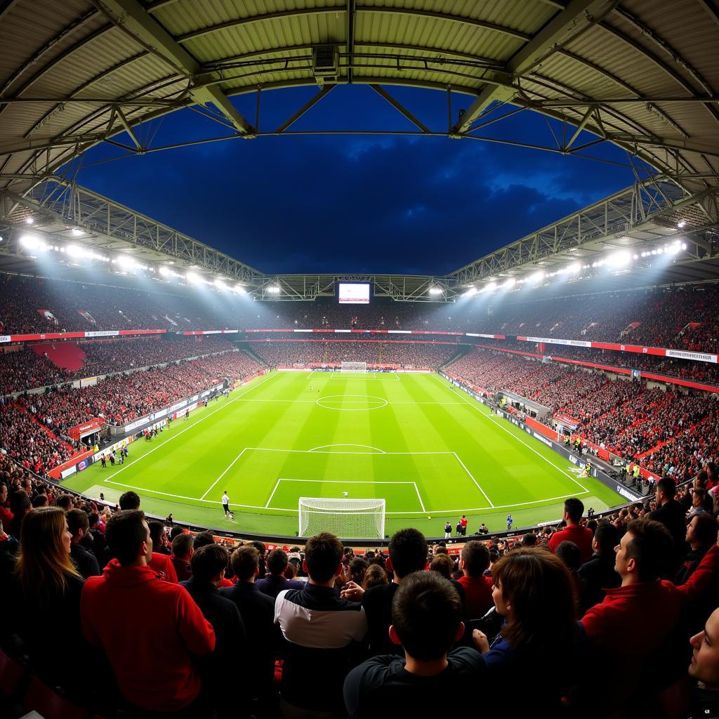 Fans von Bayer Leverkusen und Borussia Dortmund feiern im Stadion