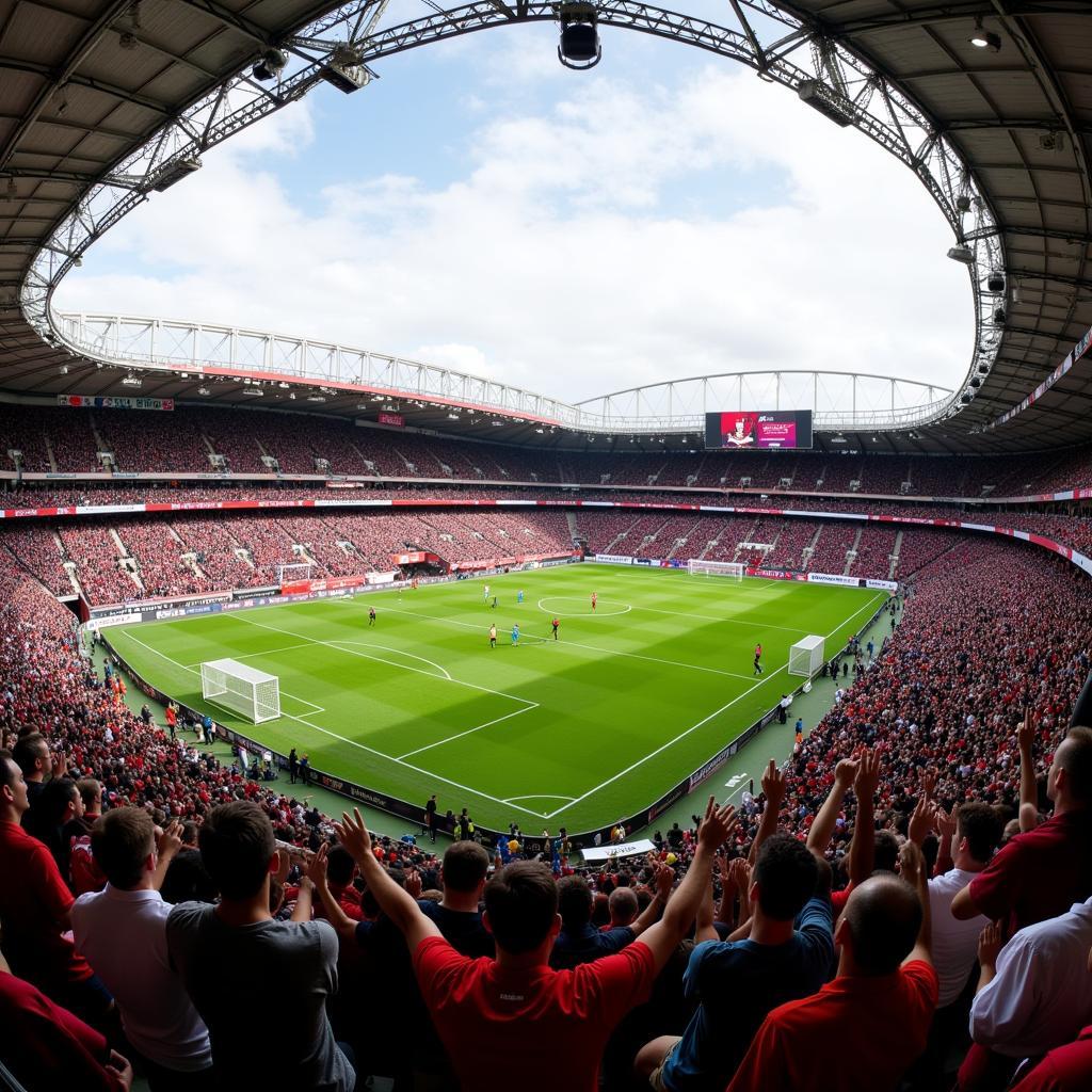 Fans von Bayer Leverkusen und West Ham United feiern im Stadion