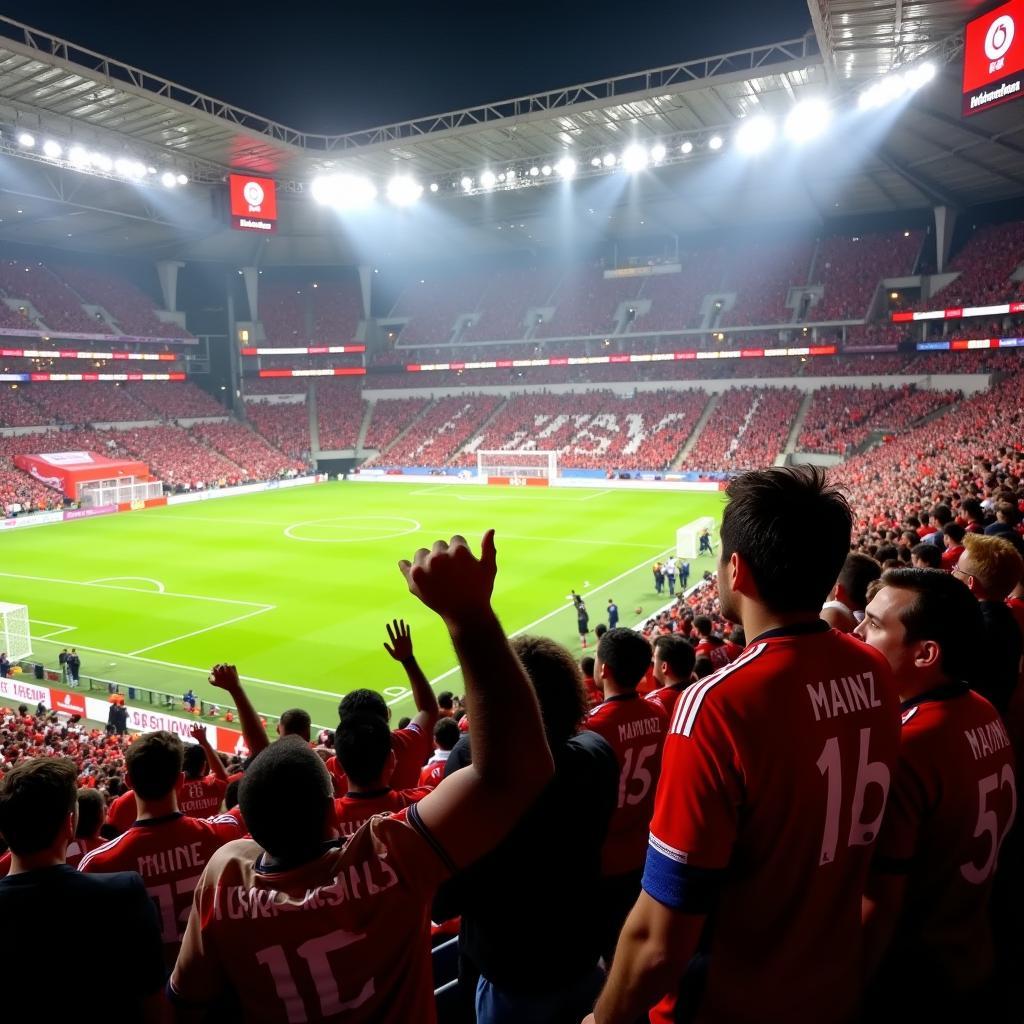 Fans von Mainz 05 und Bayer Leverkusen im Stadion, während eines Spiels