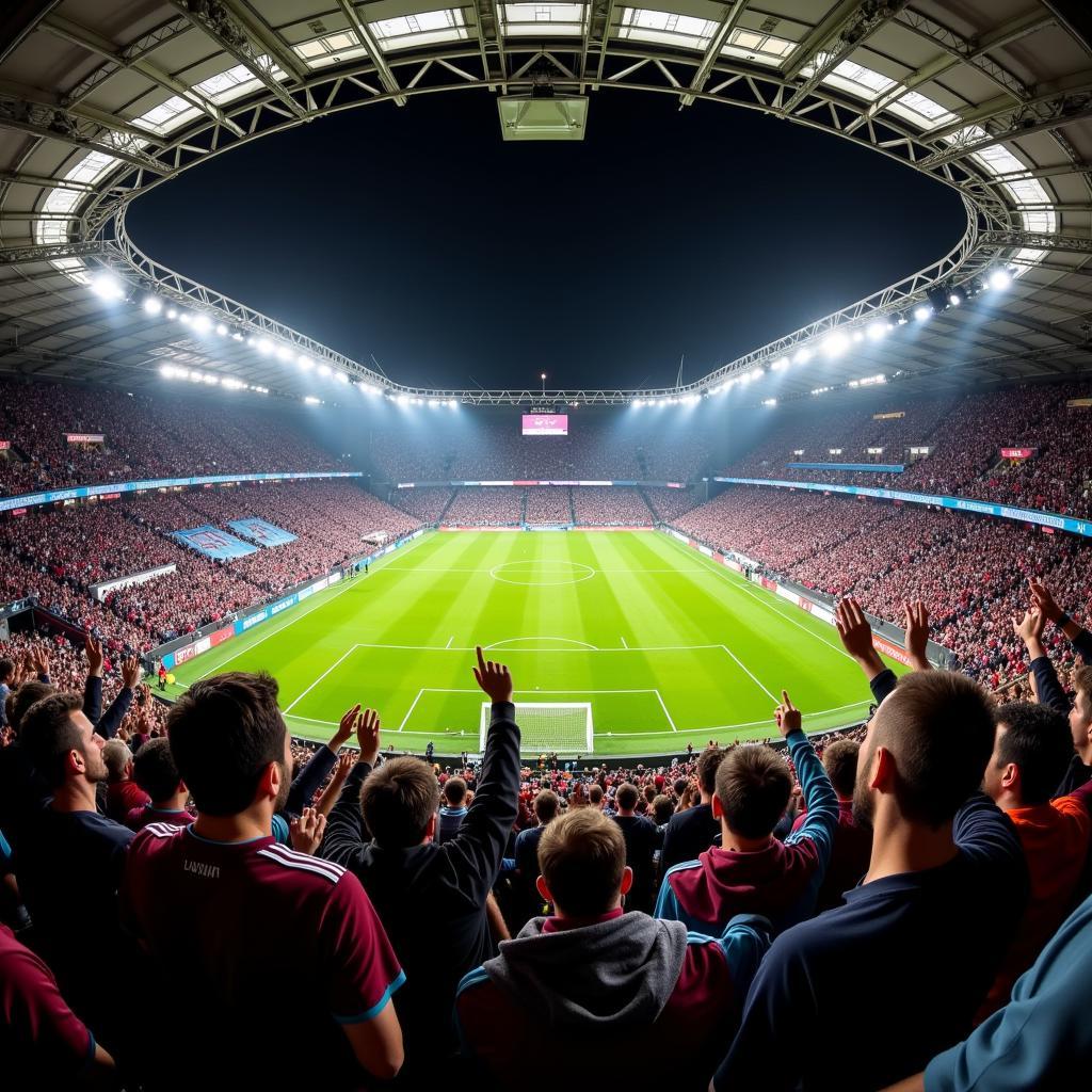 Fans von West Ham und Leverkusen bei einem Begegnung