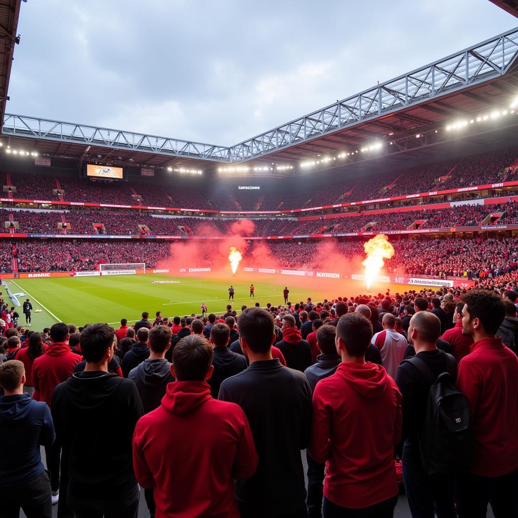 Fans von Bayer Leverkusen versammeln sich vor einem Spiel vor der BayArena