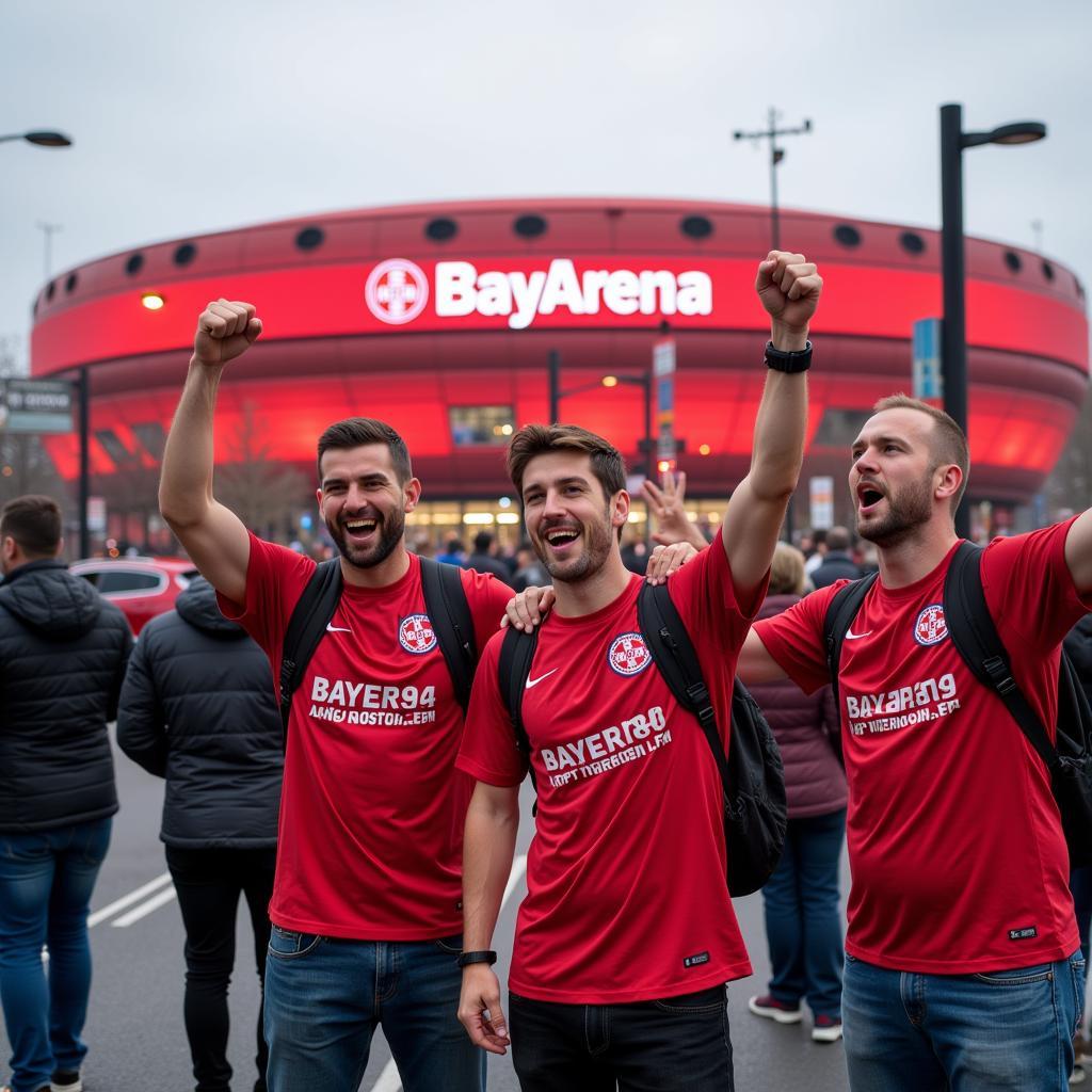 Fans von Bayer 04 Leverkusen versammeln sich vor der BayArena an der Quettinger Straße